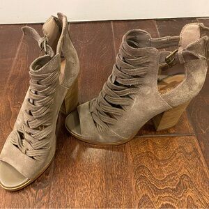 Crown Suede Open Toe Booties / Heels, size 6.